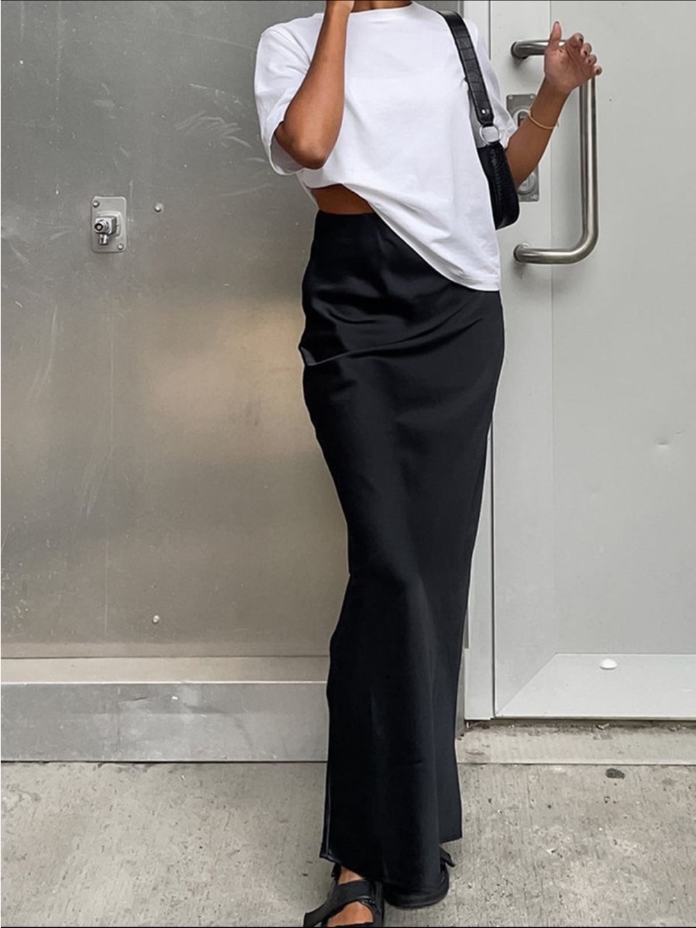 Commense Classic Black Satin Maxi Skirt - Sleek Everyday Style